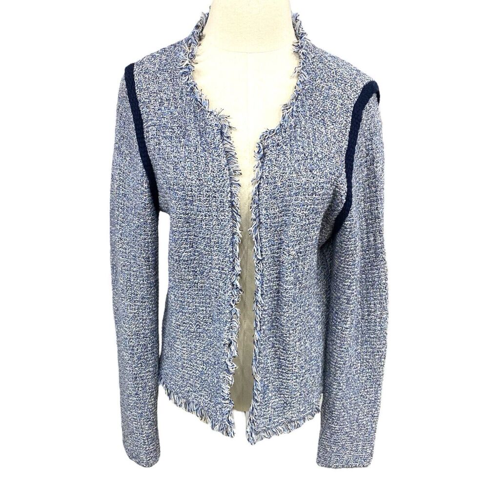 Brora Fringed Open Front Soft Knit Blue and White Cardigan Jacket